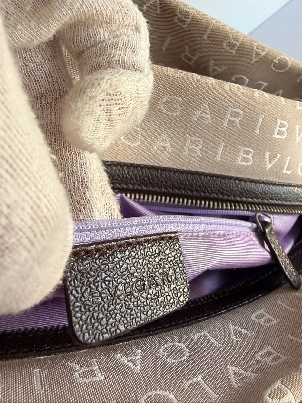 Bulgari Beige Logo Shoulder Bag with Brown Trim and Lilac Interior